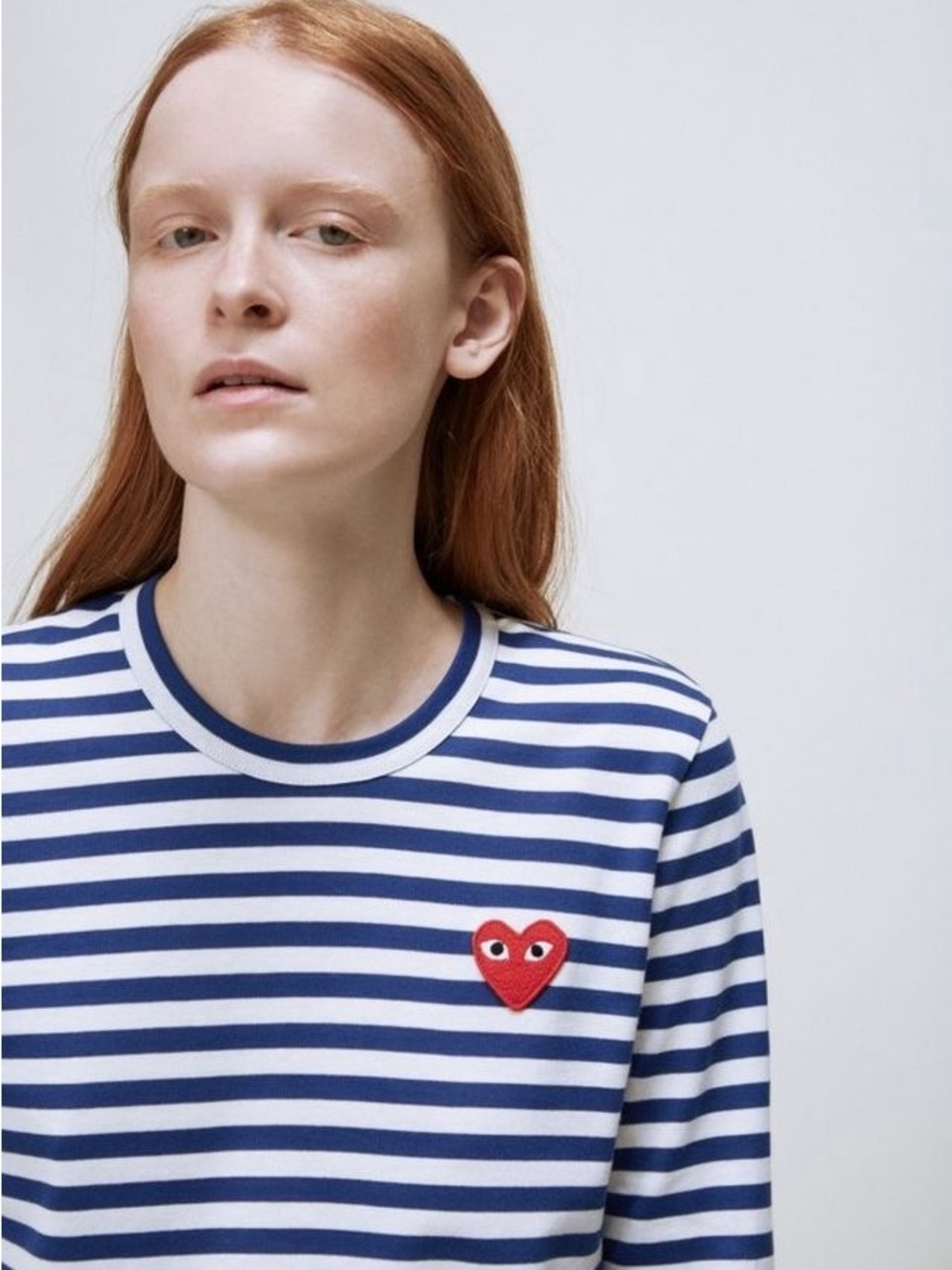 Comme Des Garçons Play Striped Red Heart T-Shirt, Navy, Red heart